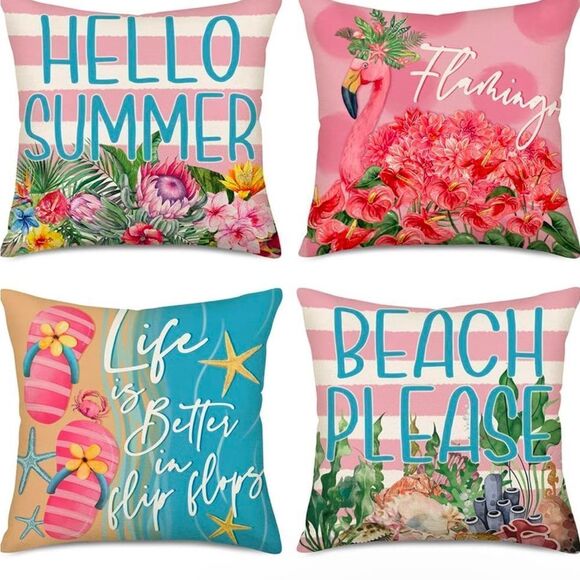 Hello Summer Pillow Covers 24x24 Inch Set of 4 Pink Summer Decorations Throw - Picture 1 of 6